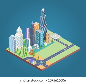 Buildings and district build poster with houses and skyscrapers greenery and trees, roads and cars, vector illustration isolated on blue background