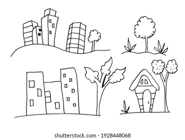 los doodles de edificios se establecen en fondo blanco.ilustración vectorial.
