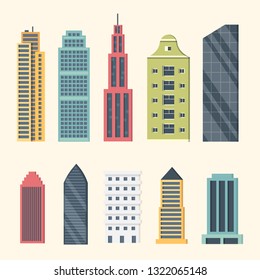 Buildings and downtown skyscrapers. Big city buildings vector illustration. Office apartment and house residential exterior.