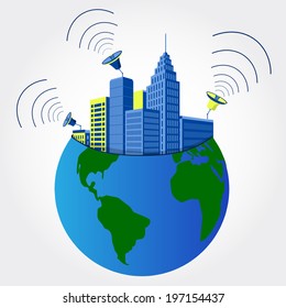 Buildings emitting signals through antennas on planet earth. Buildings emitting signals on the planet