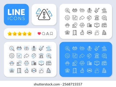 Buildings, Energy and Wholesale inventory line icons for web app. Message, Share, Like social media icons. Pack of Lighthouse, Greenhouse, Delivery box pictogram icons. Vector