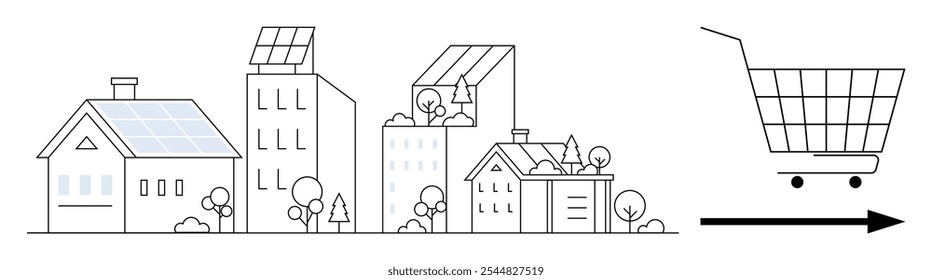 Edifícios equipados com painéis solares e rodeados por vegetação com um carrinho de compras e uma seta que indica a direção. Ideal para sustentabilidade, eco-vida, energia renovável, planejamento urbano