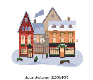 Buildings exterior in snow in European city at Christmas, winter holiday. Xmas houses facades with festive decoration, garlands, lights. Flat graphic vector illustration isolated on white background