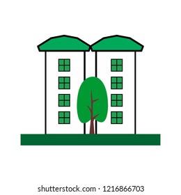 Buildings exterior with trees. Flat vector graphic illustration.