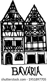 Die Gebäude haben eine Fassade mit Aussicht. Doodle, Schwarz-Weiß-Illustration. Bayerische typische Architektur. europäische Vintage-Häuser. Läden und Cafés in den alten Stadtgebäuden