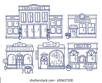 Buildings Facade Front View. Shop, Cafe, Mall And Pharmacy. Doodle Illustrations Set.