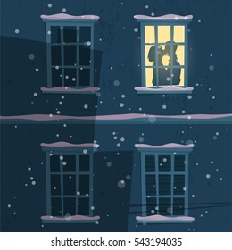 Building's facade. Night. Snow. Couple silhouette in the window. Romance. Vector illustration
