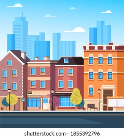 Buildings facade street towns concept. Vector flat cartoon graphic design illustration