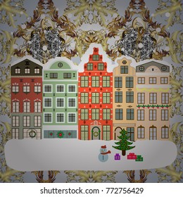 Buildings and facades. Snowfall on Christmas eve. Classic European houses landscape with Christmas holiday decorations. Vector illustration. Winter day in cosy town street scene. Vector illustration.