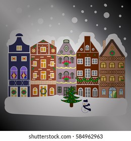 Buildings and facades. Vector illustration. Classic European houses landscape with Christmas holiday decorations. Snowfall on Christmas eve. Winter day in cosy town street scene.