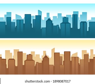 Buildings flat cityscape. Simple city houses background, minimalistic urban skyline or abstract town panorama vector illustration