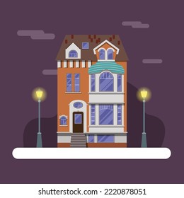 Buildings with flat design. Night view of the abstract city. House with street lamp, city and nature in the background.