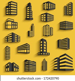 Buildings flat design web icons set with long shadows. template for design. vector illustration