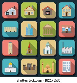 Buildings flat icons vector set