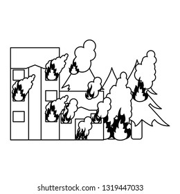 Buildings and forest in fire black and white