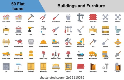 Buildings and Furniture Icon Set Collection. Containing Crane, Apartment, Bolt, Hotel, Lift, Roll Painting, Cupboard, Wardrobe, Bed, Library, Sofa, Desk, Toilet. Simple Flat Vector Illustration.
