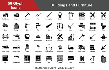Buildings and Furniture Icon Set Collection. Containing Crane, Apartment, Bolt, Hotel, Lift, Roll Painting, Cupboard, Wardrobe, Bed, Library, Sofa, Desk, Toilet. Simple Glyph Vector Illustration.