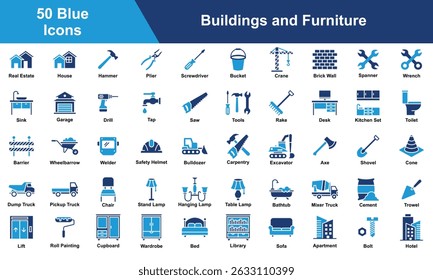 Buildings and Furniture Icon Set Collection. Containing Crane, Apartment, Bolt, Hotel, Lift, Roll Painting, Cupboard, Wardrobe, Bed, Library, Sofa, Desk, Toilet. Simple Blue Vector Illustration.