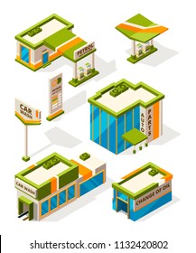 Buildings Of Gas Service. Exterior Of Fuel Station Constructions. Isometric Pictures Set. Car Service Industry, Oil Change Automobile. Vector Illustration