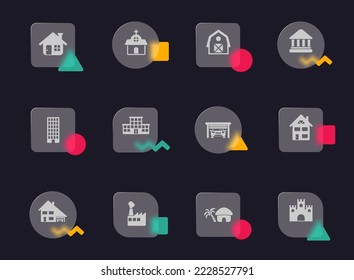 buildings glass morphism trendy style icons. buildings transparent glass vector icons with color memphis figures. for web and ui design, mobile apps and promo business advertising