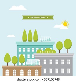 Buildings with green roof gardens and solar panels vector illustration