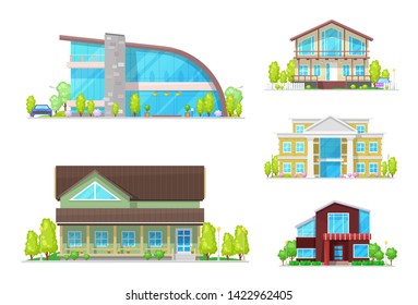 Buildings of home, house and cottage, villa and mansion vector icons of real estate, architecture, town and village property design. Residential houses with modern glass facades, windows and doors