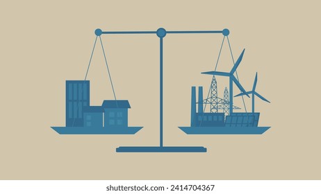 Buildings, homes, and power plants are hanging in the balance. There are wind power generation, solar power generation, and high voltage radio towers around the power station.