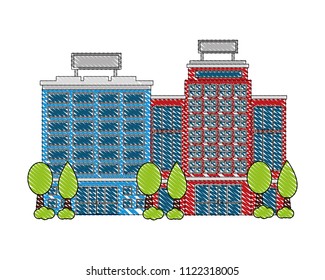 buildings hotel with trees plant isolated icon
