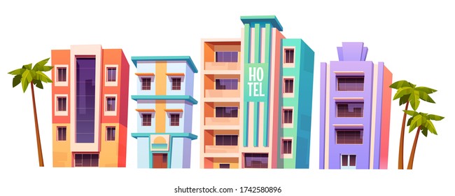 Edificios, hoteles en Miami en verano, arquitectura de casas modernas. Viviendas aisladas de varios pisos, tiendas y restaurantes con ventanas de vidrio y palmeras alrededor, ilustración vectorial de dibujos animados, conjunto