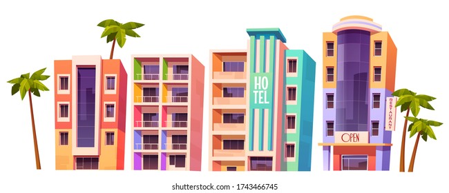 Edificios, hoteles en Miami en verano, arquitectura de casas modernas. Viviendas aisladas de varios pisos, tiendas y restaurantes con ventanas de vidrio y palmeras alrededor, ilustración vectorial de dibujos animados, conjunto