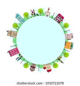 Buildings and houses arranged in a circle illustration (text space in the center)