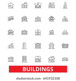 Buildings, houses, city, architecture, construction, office, real estate, home line icons. Editable strokes. Flat design vector illustration symbol concept. Linear signs isolated on white background