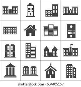 Buildings and houses icons. Architecture icons. Utility, office, home and public service buildings and landmarks