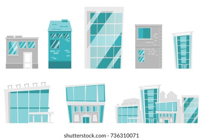 Buildings and houses illustrations set. Collection of modern city buildings, office buildings, glass skyscrapers, urban houses. Vector cartoon illustrations isolated on white background.