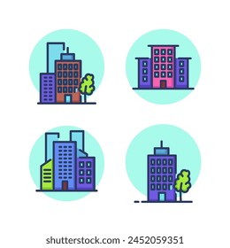 Conjunto de iconos de línea de edificios y casas. Vivienda, centro de negocios, edificios comerciales, rascacielos, rascacielos. Concepto inmobiliario. Ilustración vectorial para Diseños web y App