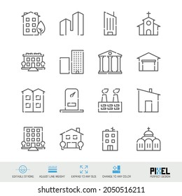 Buildings, houses related vector line icon set isolated on white. Pixel perfect design. Editable stroke. Adjust line weight. Expand to any size. Change to any color.