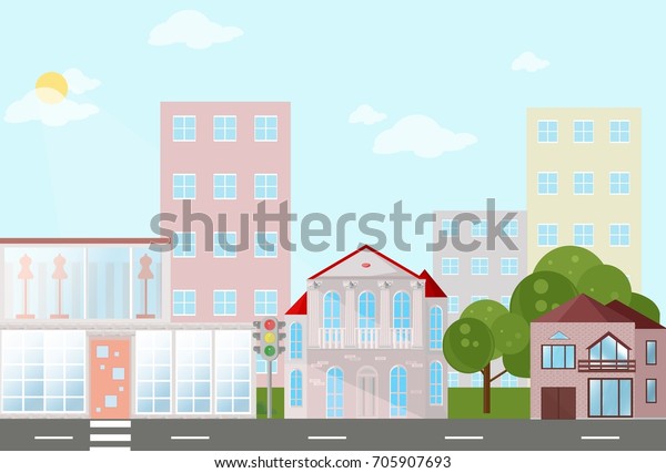 Buildings houses village architecture.\
Modern flat style vector\
illustrations