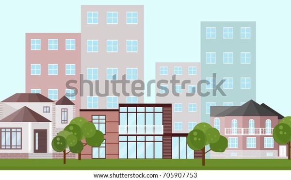 Buildings houses village architecture.
Modern flat style vector
illustrations
