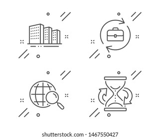 Buildings, Human resources and Web search line icons set. Hourglass sign. City architecture, Job recruitment, Find internet. Sand watch. Business set. Line buildings outline icon. Vector