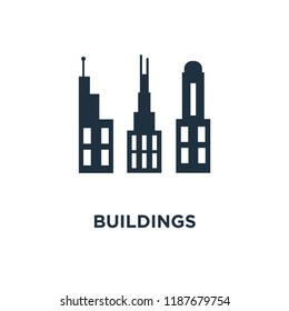 Buildings icon. Black filled vector illustration. Buildings symbol on white background. Can be used in web and mobile.