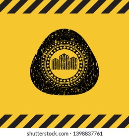 buildings icon black grunge emblem, yellow warning sign. Vector Illustration. Detailed.