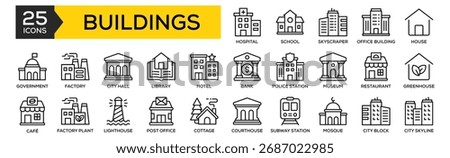 Buildings icon collection set. Containing design Hospital, School, Skyscraper, Office Building, House