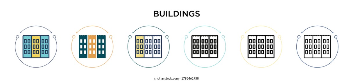 Buildings icon in filled, thin line, outline and stroke style. Vector illustration of two colored and black buildings vector icons designs can be used for mobile, ui, web