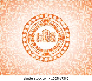 buildings icon inside abstract emblem, orange mosaic background