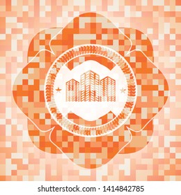 buildings icon inside abstract emblem, orange mosaic background