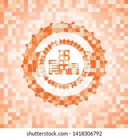 buildings icon inside abstract emblem, orange mosaic background