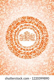 buildings icon inside abstract orange mosaic emblem with background