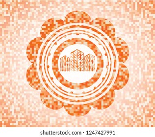 buildings icon inside abstract orange mosaic emblem