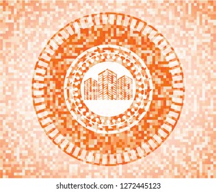 buildings icon inside abstract orange mosaic emblem