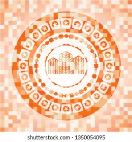 buildings icon inside abstract orange mosaic emblem with background